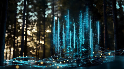 Poster - Digital transformation event data visualization in a forest 3d render nature environment futuristic concept