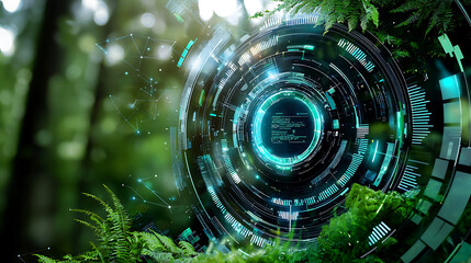 Poster - Futuristic data visualization interface in lush forest digital art nature close-up technology concept