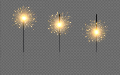 Wall Mural - Realistic sparkler light. Christmas Bengal lights emit radiant, glowing sparks creating festive and celebratory effect for holiday, party, special occasion. Isolated 3d vector festive bright fireworks