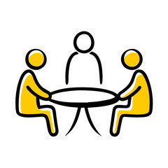 Poster - Meeting table setup with two participants engaged in discussion around a round table with a facilitator standing