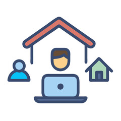 Poster - Remote work icon illustrating an individual working from home, with a house and a person icon representing collaboration and flexibility in a digital workspace