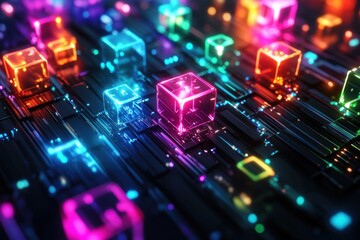 Poster - Neon glowing cubes on a circuit board.