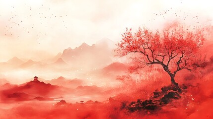 Wall Mural - chinese ink painting style, red background, generative ai
