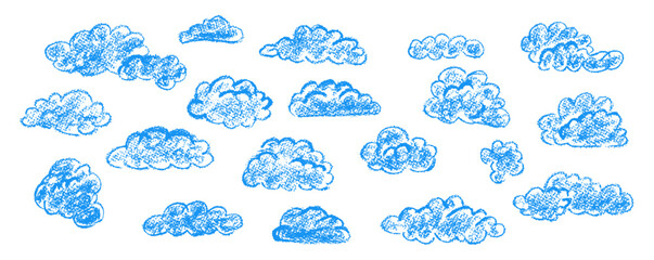 Poster - Set of abstract pencil clouds. Hand drawn cartoon cloudy sky. Vector illustration of collection of blue eddy on white background. Imitation of a child's drawing with pencils on blackboard.