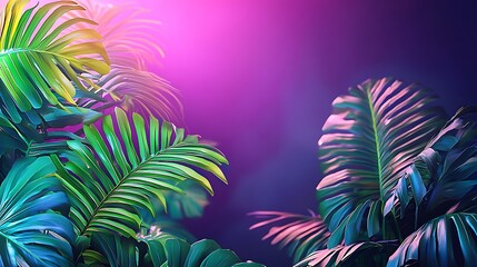 Wall Mural - Vibrant tropical leaves, neon light, summer background, design.