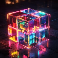 Poster - Neon-lit glass cube puzzle art.
