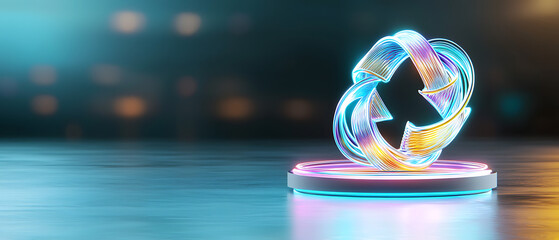 Poster - Dynamic recycling symbol digital studio 3d animation neon glow close-up sustainability concept