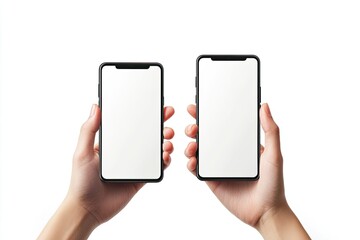 Sharp Image of Hands Holding Mobiles Smartphone Isolated on White Background