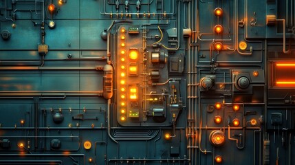 Poster - Abstract close-up of intricate circuitry with glowing elements on a dark background