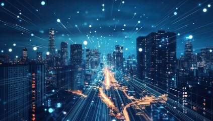 Poster - Night city skyline with digital network connections.