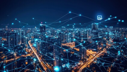 Poster - Night cityscape with digital network connections.