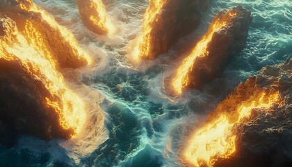 Poster - Aerial view of glowing golden cliffs surrounded by turquoise ocean waves, cinematic natural grandeur