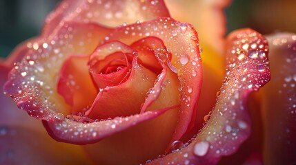 Poster - Macro shot of glowing morning dew on the vibrant petals of a rose, cinematic delicate natural detail