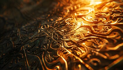 Poster - Close-up of glowing delicate patterns etched into a traditional artifact, illuminated by soft light, cinematic cultural detail