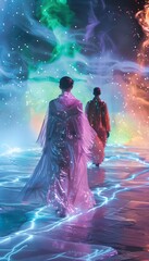 Aufkleber - A conceptual runway show set on glowing ice, where models in metallic outfits walk under radiant auroras and cosmic patterns