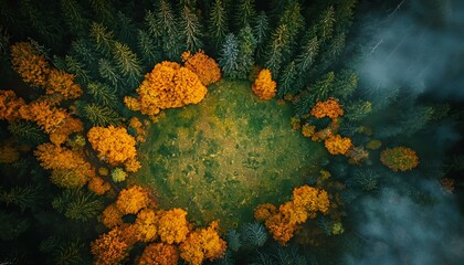 Poster - Aerial view of glowing golden meadows bordered by vibrant forests under pastel skies, cinematic serene harmony