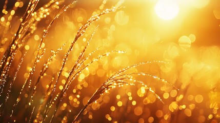 Poster - Macro shot of glowing morning dew resting on delicate blades of grass, illuminated by warm golden sunlight, cinematic intricate natural detail