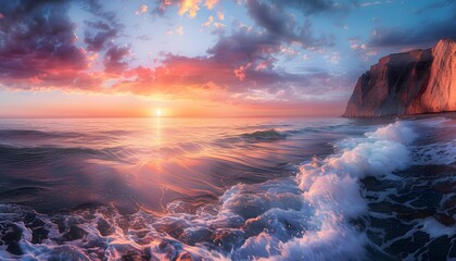 Poster - Wide-angle view of glowing cliffs overlooking crashing ocean waves under a radiant sunset, cinematic dramatic elegance