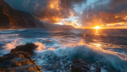 Poster - Wide-angle view of glowing cliffs overlooking crashing ocean waves under a radiant sunset, cinematic dramatic elegance