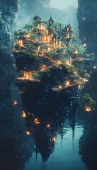 Poster - A conceptual floating island village where glowing pathways and radiant plants create a magical setting