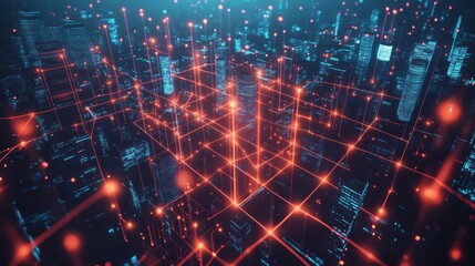 Poster - Futuristic cityscape with illuminated networks and digital connections at night