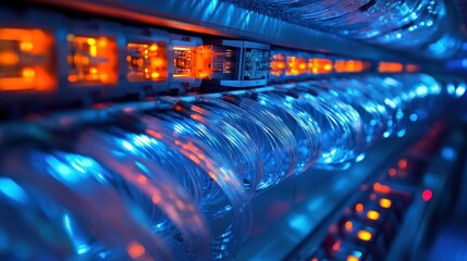 Poster - Close-up view of illuminated network cables and connectors in a data center with glowing lights