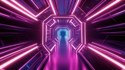 Poster - Futuristic neon-lit tunnel with glowing lines and reflective surfaces, creating a surreal atmosphere
