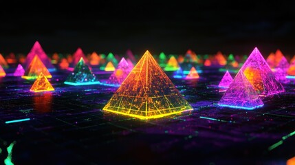 Poster - Vibrant neon pyramids illuminated against a dark backdrop, creating a futuristic landscape
