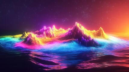 Poster - Vibrant digital landscape showcasing colorful mountains and waves under a starry sky