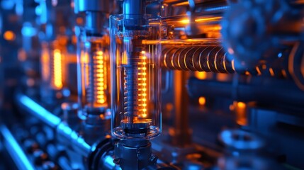 Poster - Close-up of illuminated glass tubes in a futuristic machine with glowing blue and orange elements