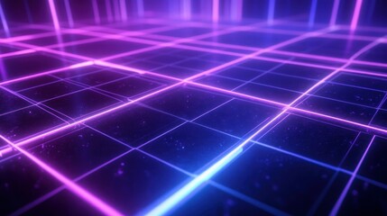 Poster - Vibrant neon grid pattern with purple and blue lights illuminating a reflective surface