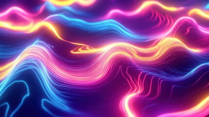 Poster - Vibrant abstract waves of neon light flowing gracefully across a dark background