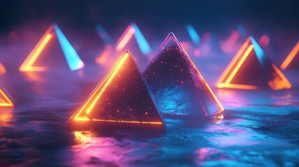 Poster - Glowing geometric pyramids illuminated by vibrant neon lights reflecting on a misty surface