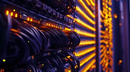 Poster - Close-up view of server rack with illuminated cables and data connections in a data center