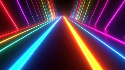 Poster - Vibrant neon light tunnel with colorful beams creating a dynamic visual pathway