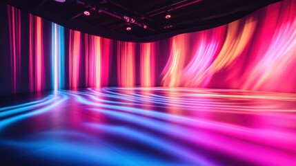 Poster - Vibrant light installation with flowing colors illuminating a modern art space, creating an immersive experience