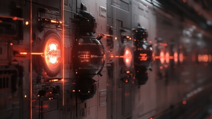 Poster - Futuristic corridor with glowing energy cores, showcasing advanced technology in a sci-fi setting