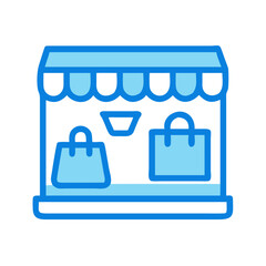 Poster - Shopping window features colorful bags in a playful vector icon representing retail and consumer culture in a bustling urban area