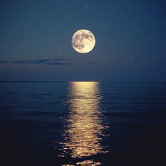 Wall Mural - A luminous full moon rising over a tranquil ocean, casting shimmering reflections on the water with a star-filled sky ar 16:9 v 6.1 q 2