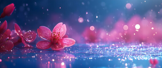 Poster - pink cherry blossom flowers with glitter and bokeh on a blue background