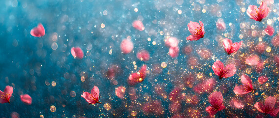 Poster - pink cherry blossom flowers with glitter and bokeh on a blue background