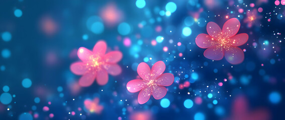 Poster - pink cherry blossom flowers with glitter and bokeh on a blue background