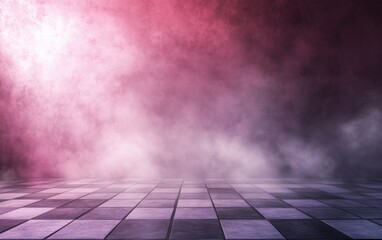 Wall Mural - Abstract background of an empty room with light pink and gray walls, floor made from square tiles, wall is dark concrete, smoke on the ground