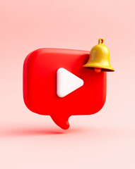 Poster - red play button speech bubble with golden bell notification