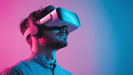 Poster - Immersed in Virtual Reality: A man is using a VR headset, the vibrant pink and blue lights hinting at a simulated digital experience.