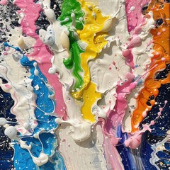 Poster - Vivid paint splashes in various colors create a lively abstract design on a dark canvas. The dynamic motion captures a sense of energy and creativity showcasing artistic expression.