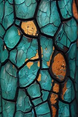 Poster - Intricate patterns of cracked paint display vibrant turquoise and gold tones. The texture highlights unique details found on a weathered surface showcasing the beauty of decay.