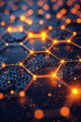 Poster - Interconnected hexagons create a visually striking pattern illuminated by glowing orange particles. This digital artwork conveys a sense of technology and modern design.