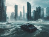 Surreal Flooded Cityscape with Abandoned Car Amidst Rising Water