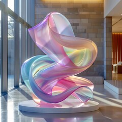 Poster - An intricate sculpture featuring flowing ribbons of pastel colors stands in a bright modern lobby. Soft sunlight enhances its transparency and adds vibrancy to the artwork.